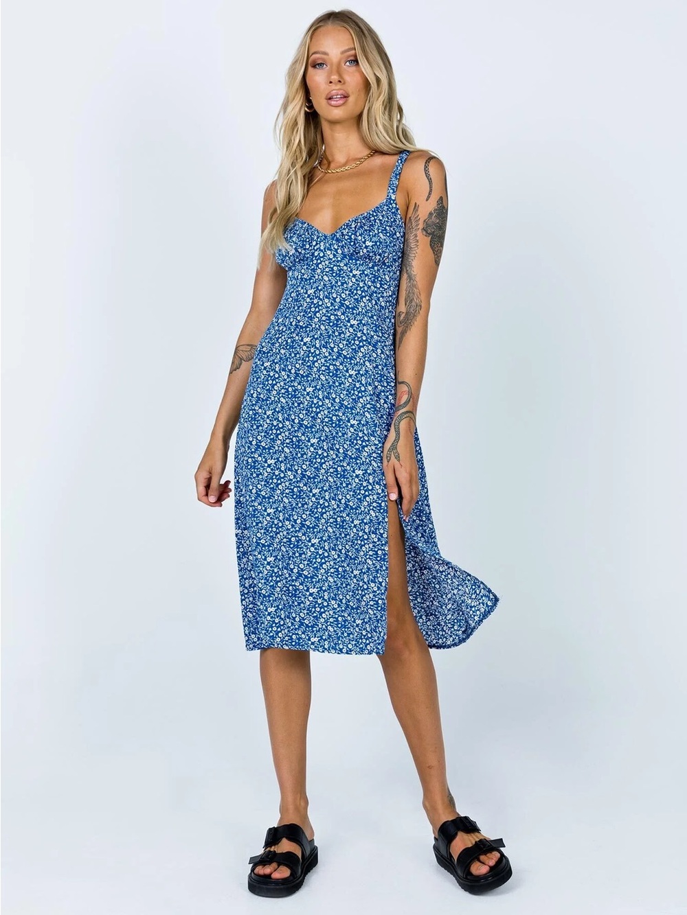 Princess Polly dark blue green Floral Midi Dress open back - Picture 3 of 11